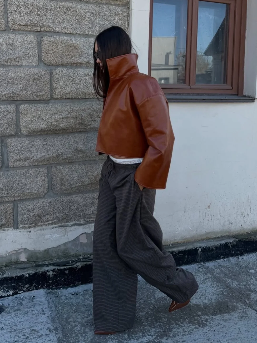Beige Croc Leather Cropped Jacket Y2k Stand Collar Long Sleeve Wide Cuff Oversize Coat 2026 Autumn Street Daily Casual Outerwear