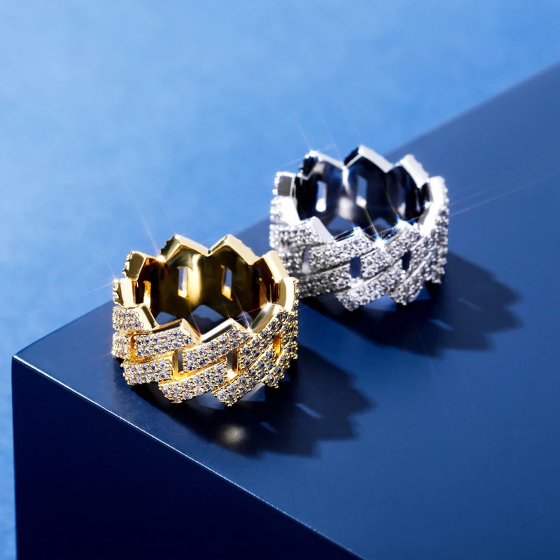 Neuer High-End Hip-Hop Iced Out Cuban Ring für Herren mit Krappenfassung in Gold- oder Silberfarbe, Schmuck mit Bling-Zirkonia-Steinen, Charm-Ringe