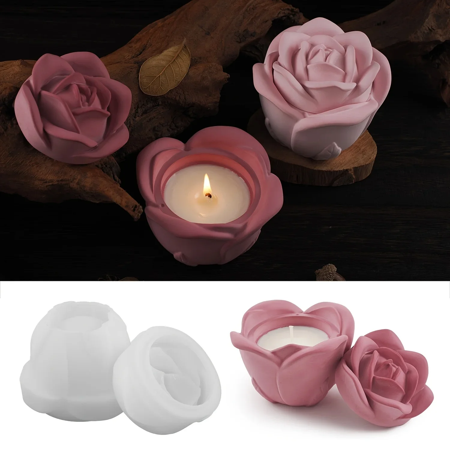 2-Piece Set Rose Shaped Silicone Molds with Lids, Elegant Candle Holder Mold for DIY Epoxy Resin, Plaster and Concrete Crafting view 2