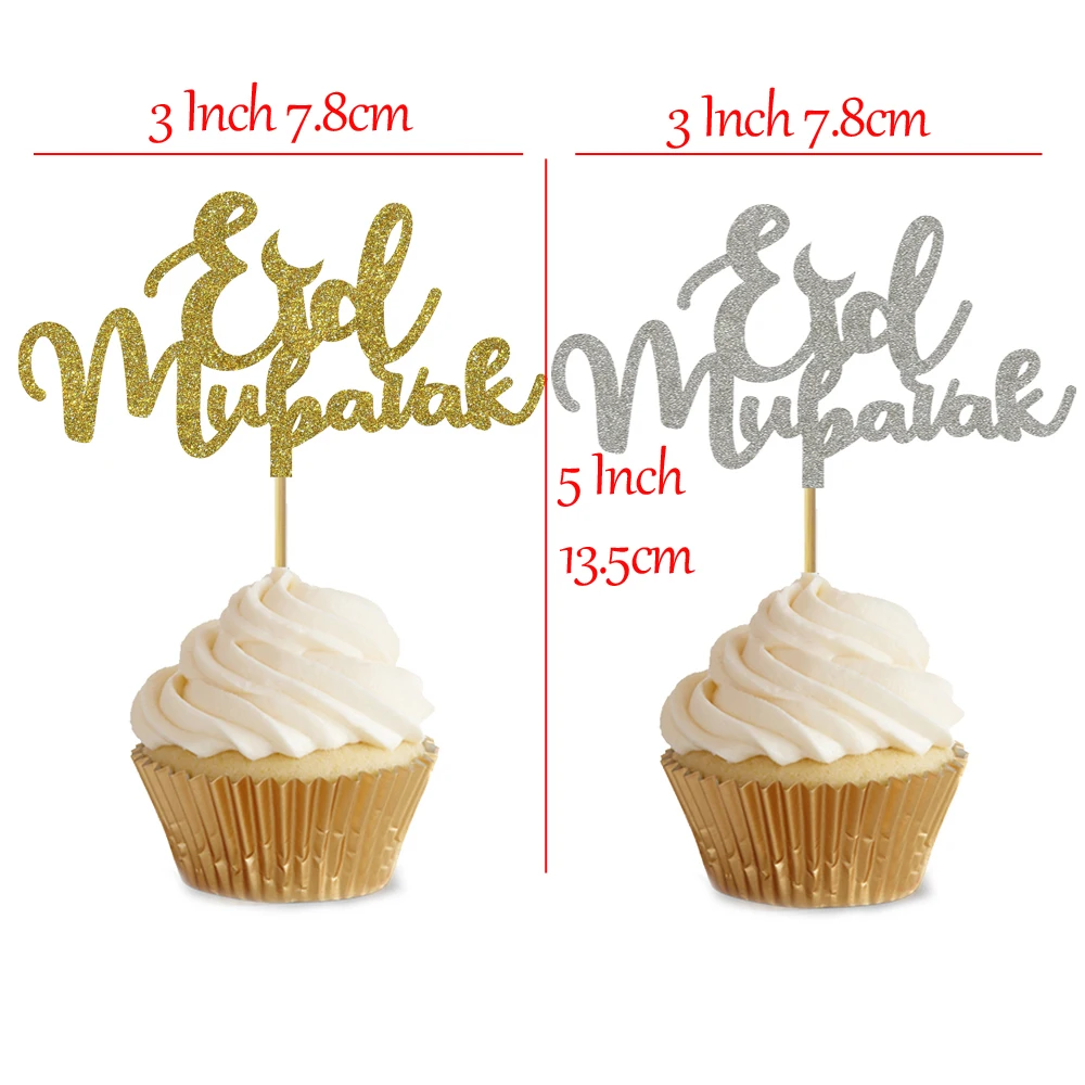 20 Pezzi 3x5 Pollici Glitter Oro Glitter Argento Eid Mubarak Cupcake Topper Per Eid Party Decorazione Cupcake