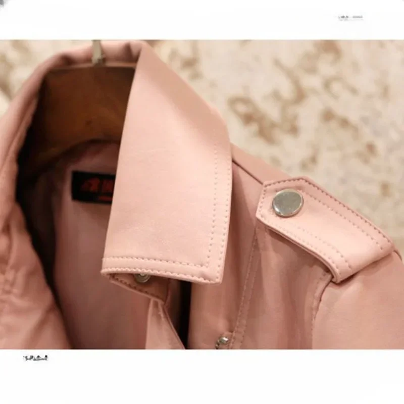 2024 Spring Autumn New Leather Coat Women Short Slimming Europe The United States Leather Locomotive Sheep Pink Leather Jacket