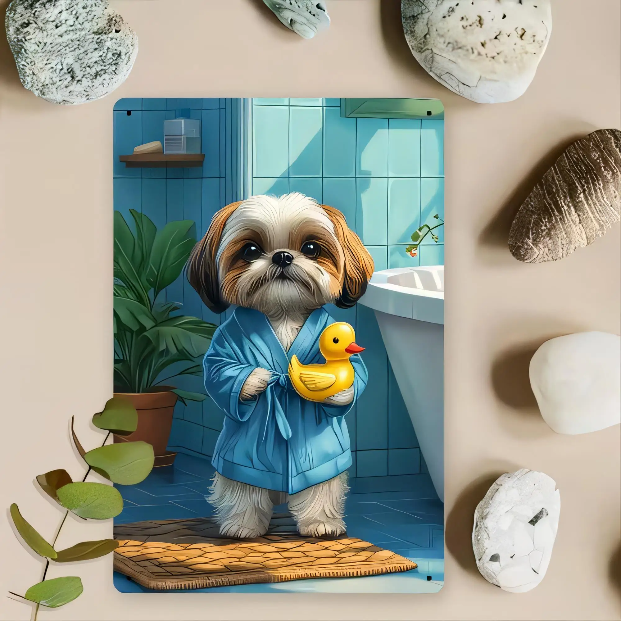 Tin Sign Dog Wearing Blue Hoodie Holding Yellow Duck Funny Pet Wall Decor for Bathroom Kitchen Bar Garage Man Cave Vintage Metal