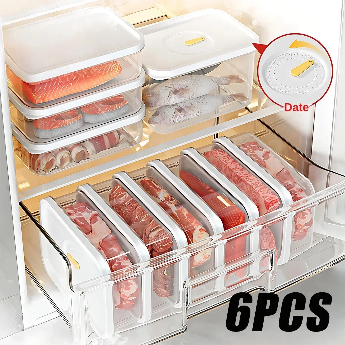 

6PCS Thickened Storage Boxes Refrigerator Frozen Meat Dispenser Food Grade Crisper Food Seal Timing Box Kitchen Storage Supplies