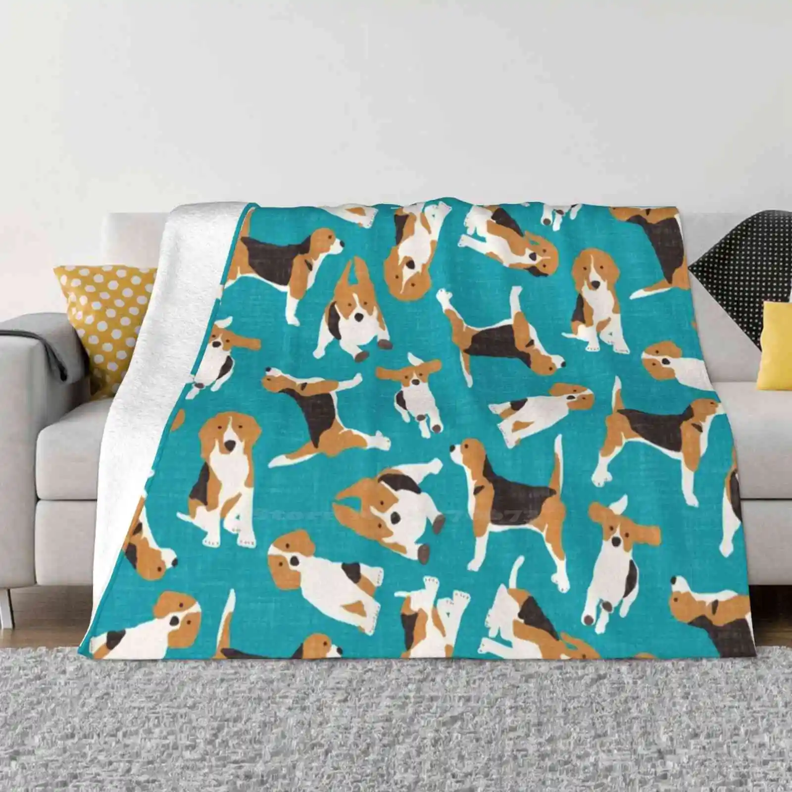 Beagle Scatter Blue Shaggy Throw Soft Warm Blanket Sofa/Bed/Travel Love Gifts Beagle Dog Pattern Texture Vintage Linen Fun Pet