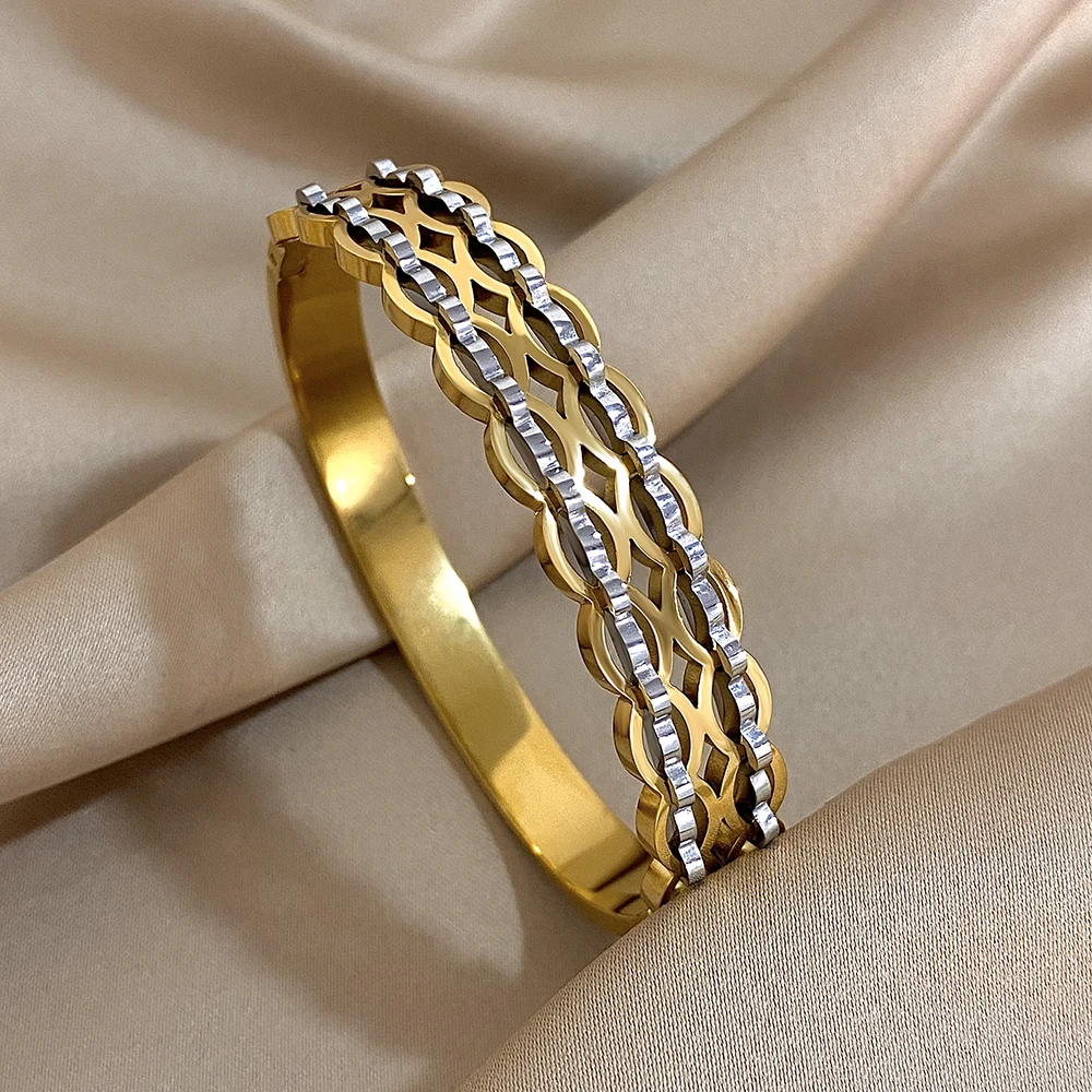 

Elegant Golden Double Wave Stainless Steel Bracelets Bangle for Women Men Cuff Stackable Waterproof Fashion Jewelry Gifts