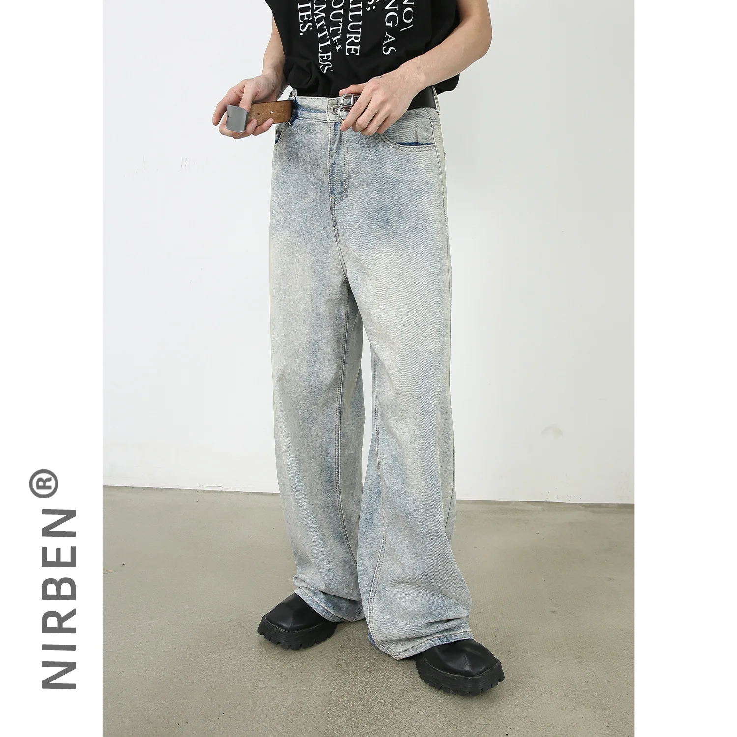 American Retro Wash Straight Leg Jeans, Men's Four Seasons New Loose Casual Straight Wide Leg Pants Washed Floor-length Jeans