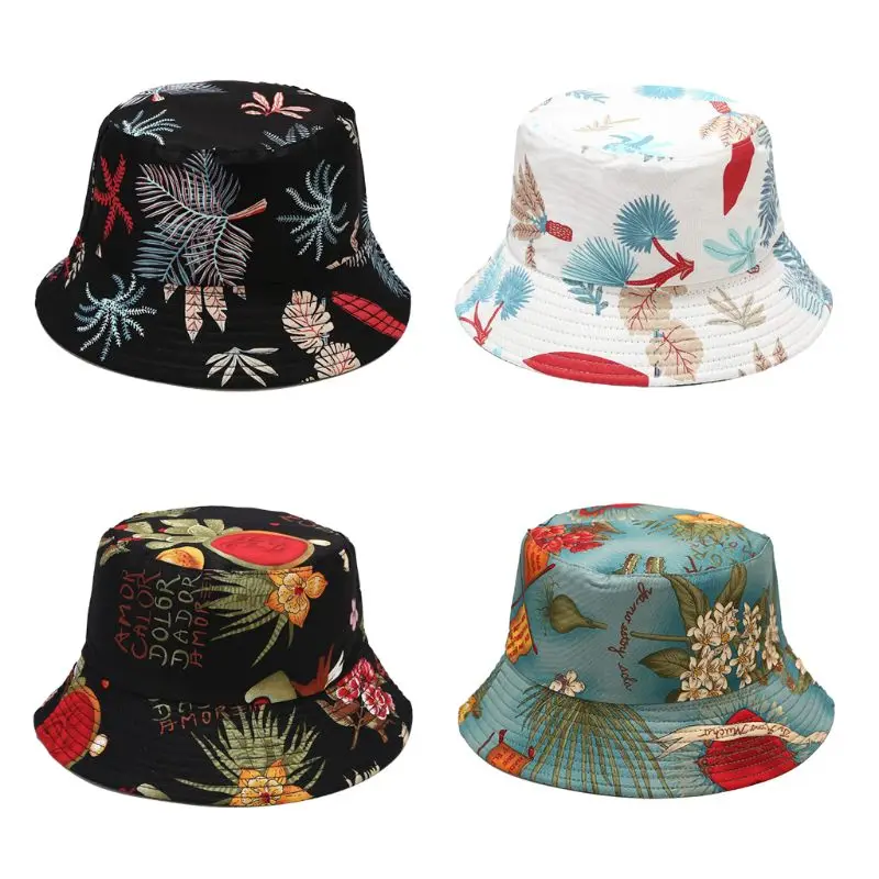 Unisex Marine Aquatic Plants Printed Reversible Bucket Hat Colorful Leaves Floral Harajuku Wide Brim Double Sided Panama