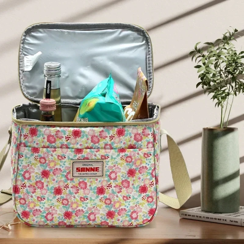 Floral Printed Lunch Bag Thermal Insulation Large Capacity Handbag Cute Picnic Drinks Lunch Box Storage Bag Portable Lunch Pouch