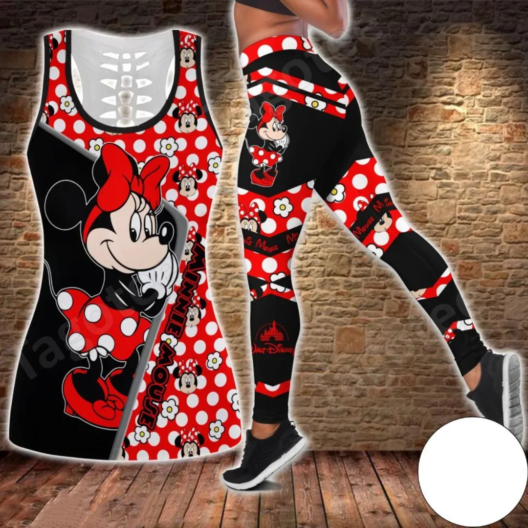 Disney Minnie Mouse Women's Hollow Tanktop Leggings Yoga Set Summer Fitness Leggings Tracksuit Cutout Tank Top Leggings Suit