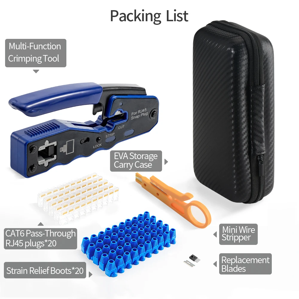 Pass Through RJ45 Cat6 Crimping Toolkit, 8P Crimper for CAT6A/CAT6/CAT5E (STP/UTP) with Cat6 connectors,3-in-1 Crimp/Cut/Strip