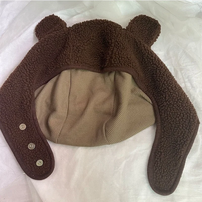 Y2K Women Polar Fleece Ear Cap Autumn Winter Bomber Hat Cute Bear Warm Soft Earmuff Unisex Funny Beanie Skullies Travel Ski Cap