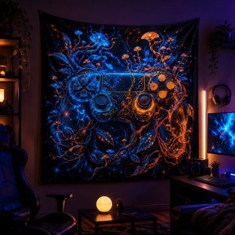 VIKAMA Neon Game Controller Mushrooms Tapestry Wall Hanging Green Orange Trippy Gamer Aesthetic Wall Art Bedroom Decor