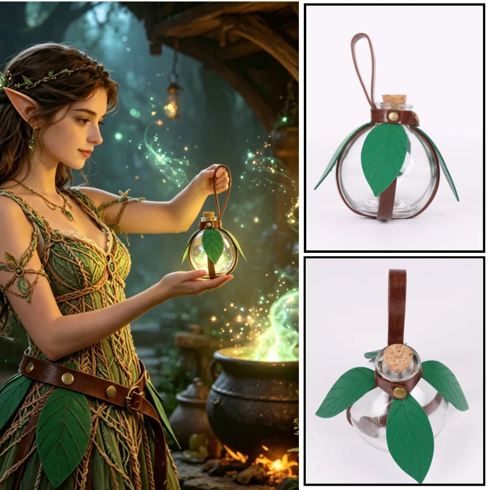 Renaissance Halloween Cosplay Belt Elf Leaf Leather Cover with Potion Glass Magic Bottle Viking Knight Role Playing Dress Up Bag