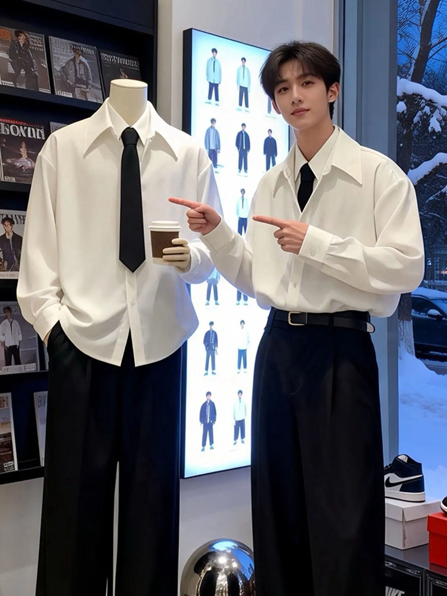 

American Sle Long Sve White irt Men's Winter Faion Casual Loose Fit Trousers Ele Drapey Suit Pants Ensemble