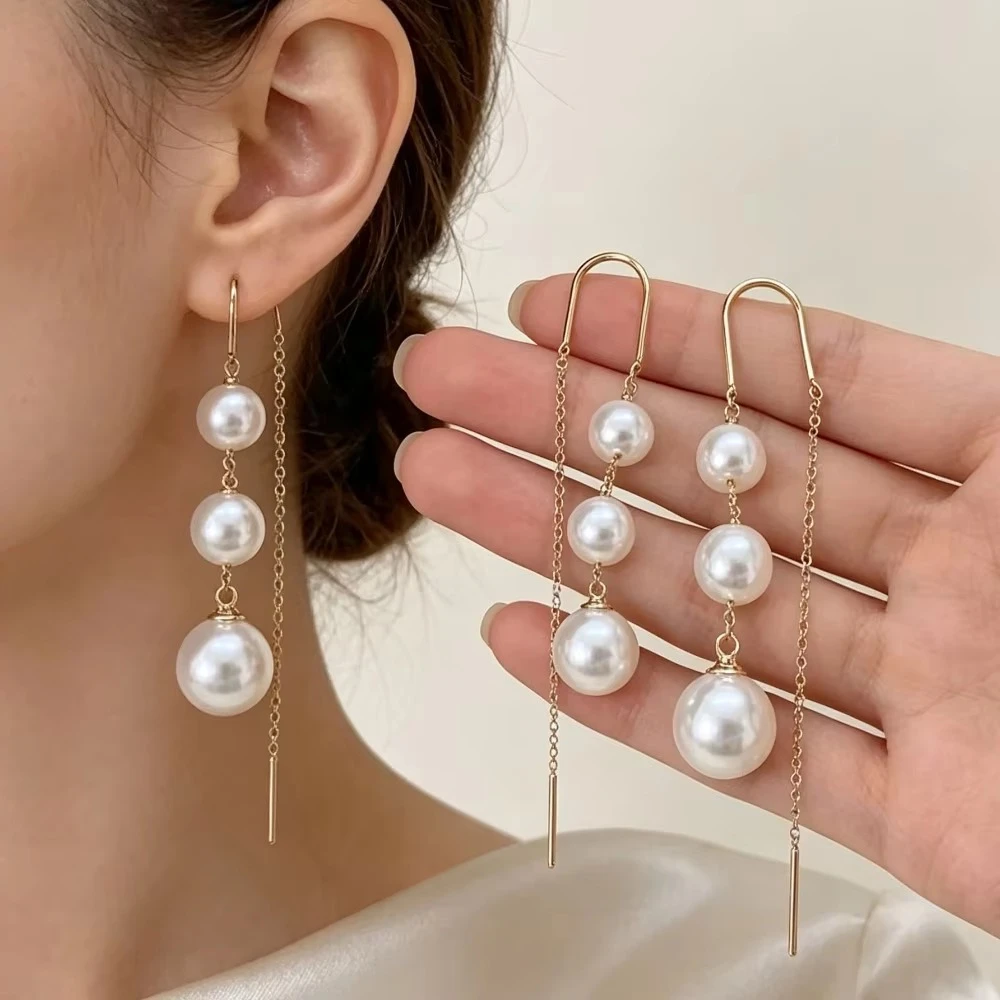 Gold Tone Alloy Faux Pearl Threader Earrings, Minimalist Linear Drop Dangle Earrings, Elegant Women Jewelry for Daily Party Wear