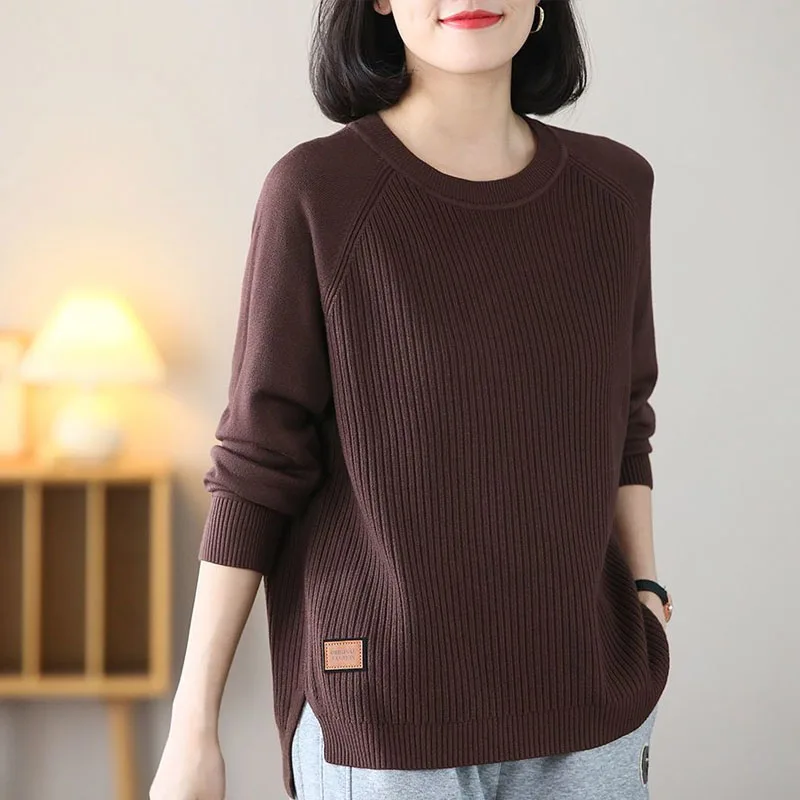 New Autumn Fashion Loose Fit Round Neck Versatile Large Split Belly Covering Solid Color Fashionable Women's Knitted Sweater