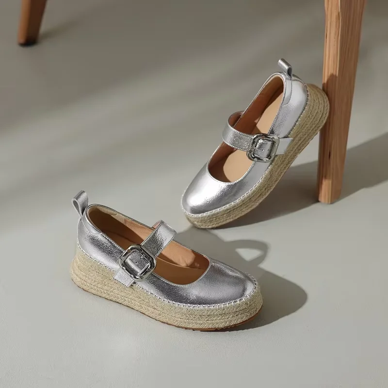Zapatos Mary Jane de Mujer con Plataforma Hechos a Mano, Estilo Básico, Punta Redonda, Calzado de Primavera y Otoño, Cuero Genuino, Tacón Grueso, Color Plateado