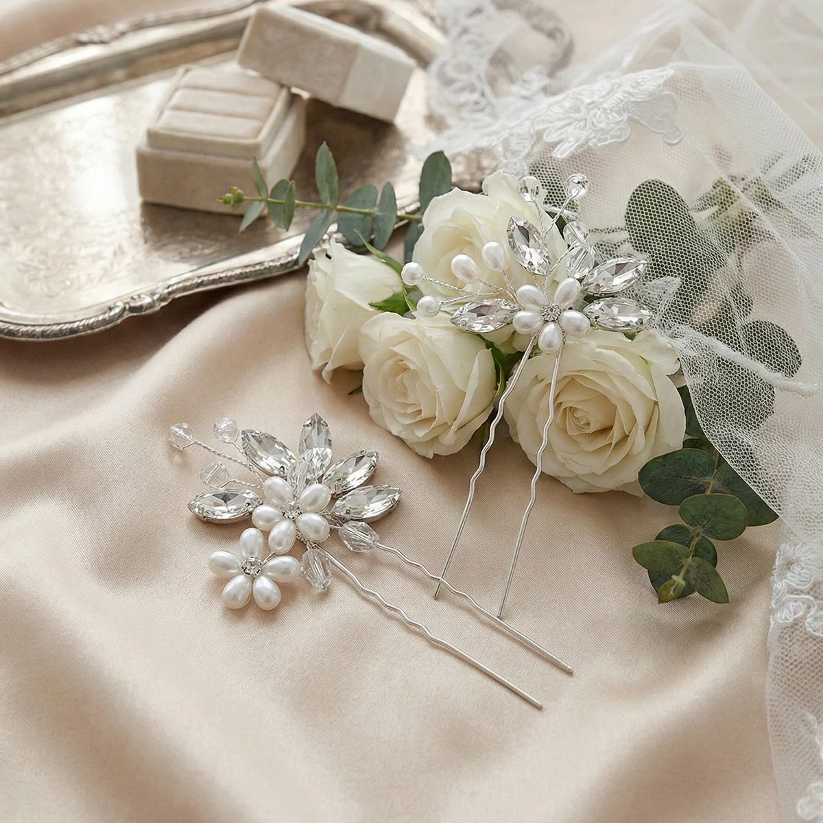 Miallo 2Pcs/Set Romantic Bridal Floral Hairpin Set Shimmering Crystals Imitation Pearls Elegant Wedding Accessories for Women