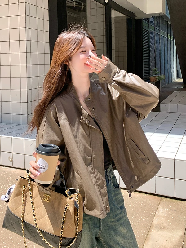 세 브라운 스탠드 칼라 PU 가죽 재킷 여성용 봄 가을 2025 신상 소형 고급스러운 느낌의 모터사이클 가죽...