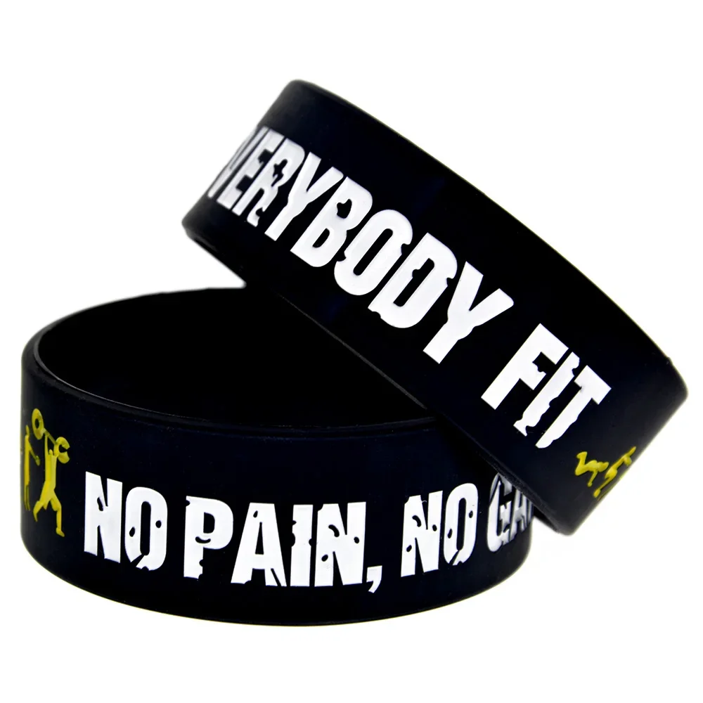 25 Pcs Everybody Fit No Pain No Gain Silicone Bracelet 1 Inch Wide Wristband Black and Pink