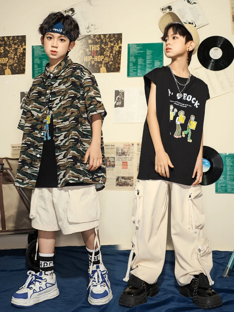 

Kid Kpop Hip Hop Clothing Camouflage Shirt Top Beige Casual Pocket Cargo Pants Khaki Shorts for Girl Boy Dance Costume Clothes