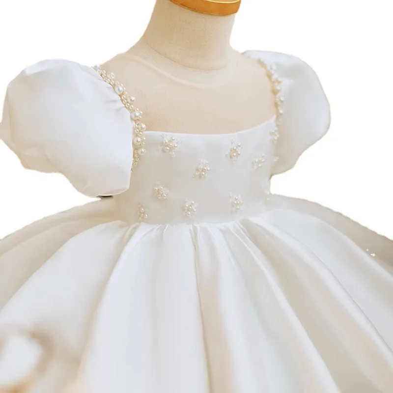 Girl's Birthday Banquet Princess Ball Gown Children's Cute Bow Beading Puff Sleeve Design Party Wedding Fluffy Dress g08