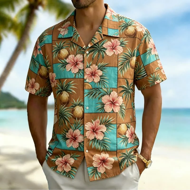Men's Casual Patchwork Hawaiian Print  Shirt, Relaxed Tropical Style for Summer Getaways, Beachwear,  Street Fashion
