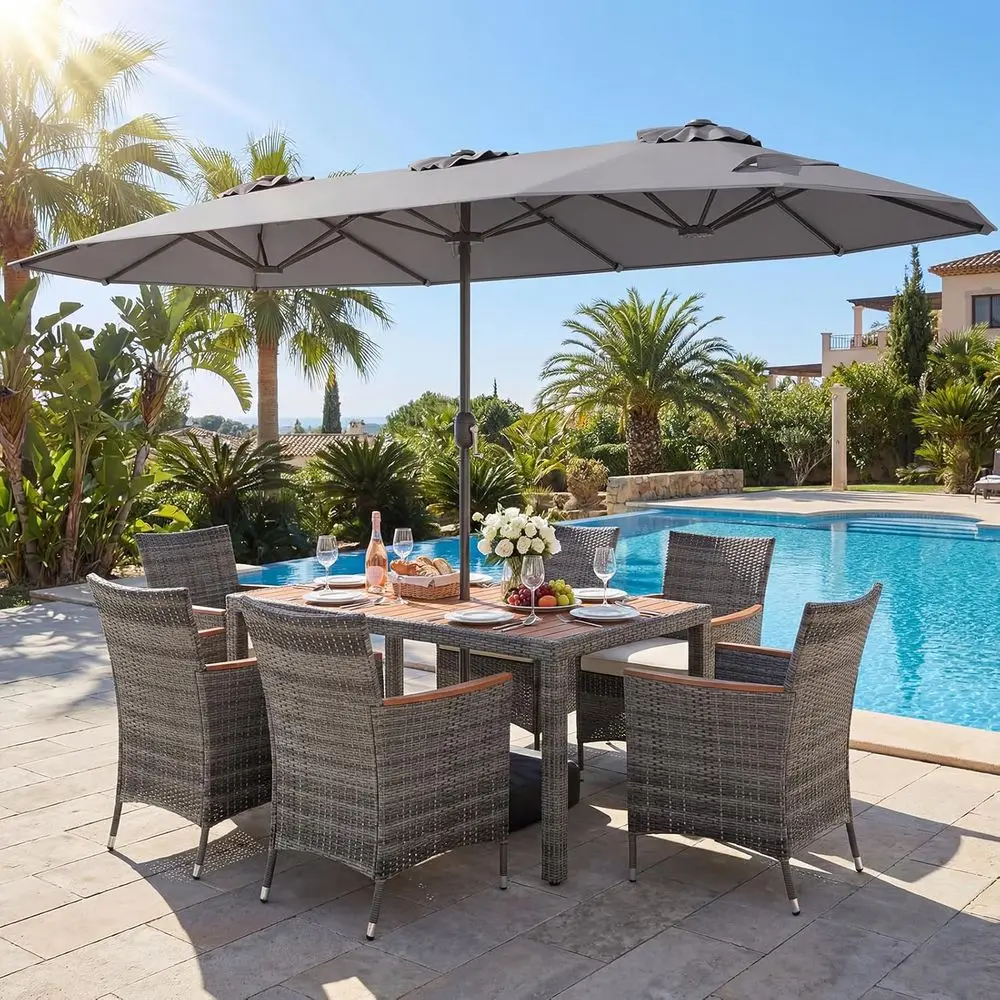 

9 Piece Rattan Outdoor Dining Set with 13t Umbrella or 6, Outdoor Wicker Table Set with 6 Cushioned Armchairs, Acacia Wood Top,