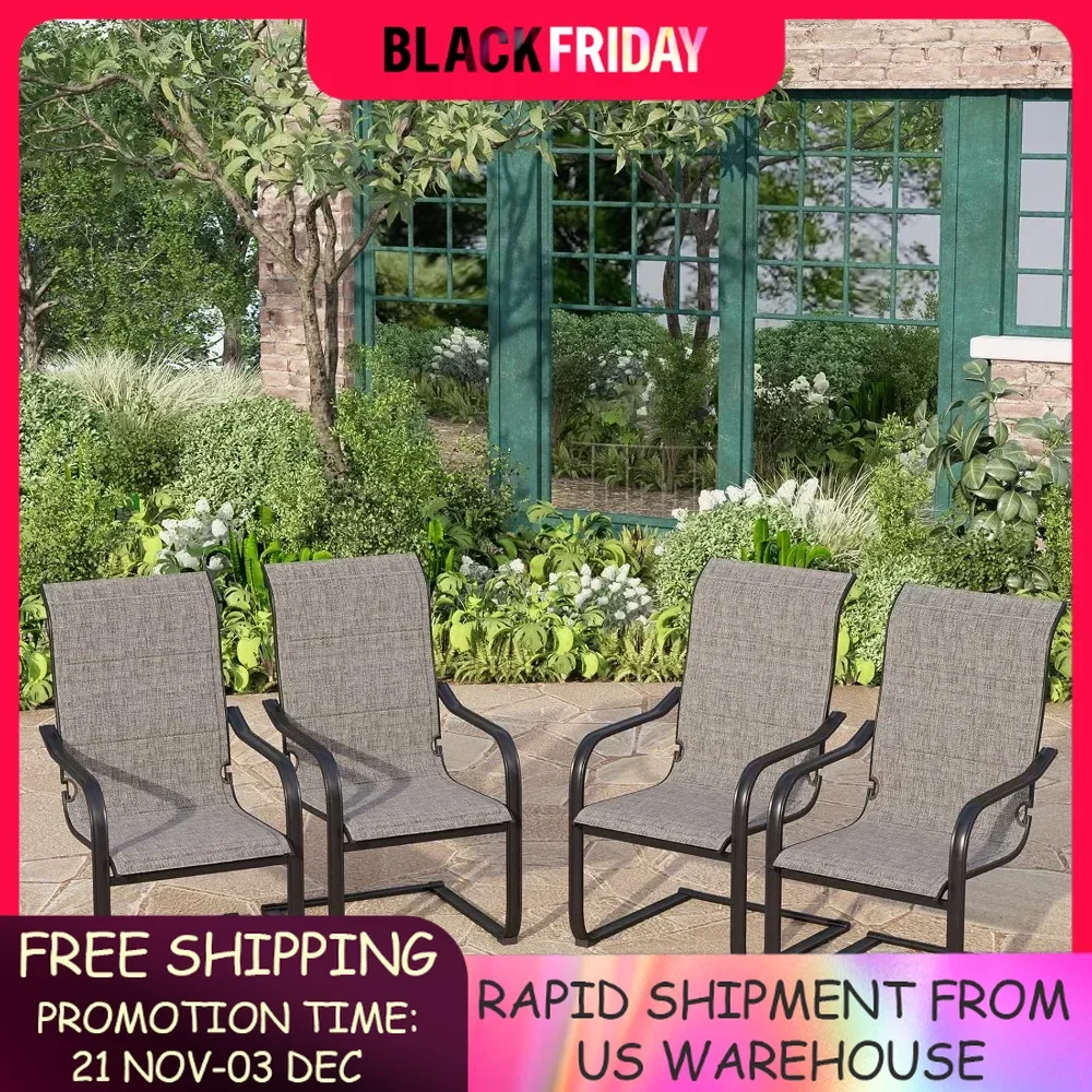 Outdoor C-Spring Dining Chairs Set of 4, Patio Sling High Back Springy Chairs with Padded Textilene Fabric & Black Metal Frame