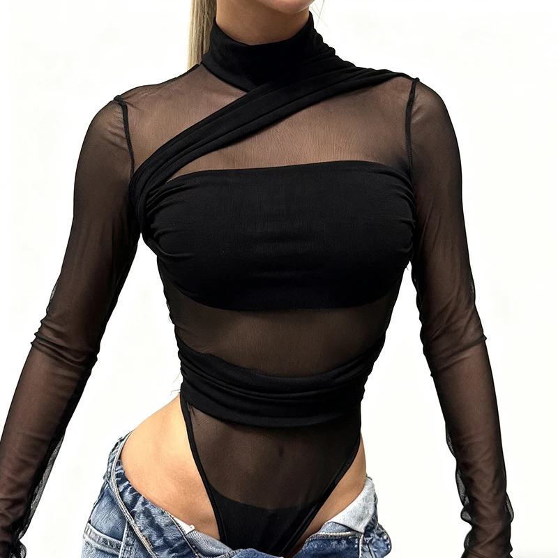 

Sexy Patchwork Mesh Bodysuits See Through Slim-Fitting Turtleneck Long Sleeve Rompers Women 2025 Sporty Fashion Streetwear Lady
