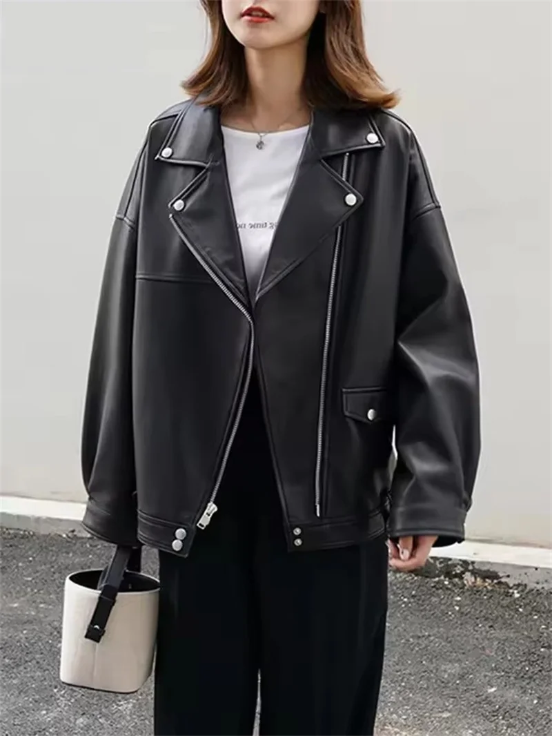 Veste en Faux cuir PU pour femme, vêtement d'extérieur décontracté, noir, à revers, à manches longues, pour moto, nouvelle collection printemps-automne 2025