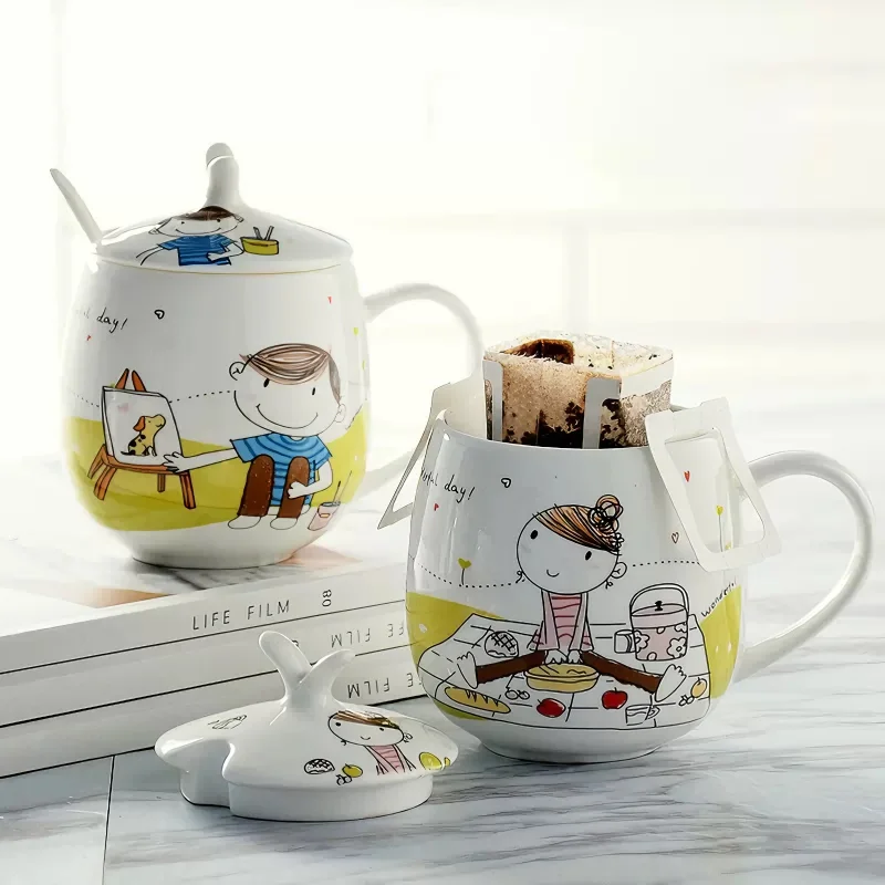 2pcs, 410ML, real bone china coffee mug with lid & spoon, ceramic tea termal tumbler, funny girlly designed, taza cups and mugs