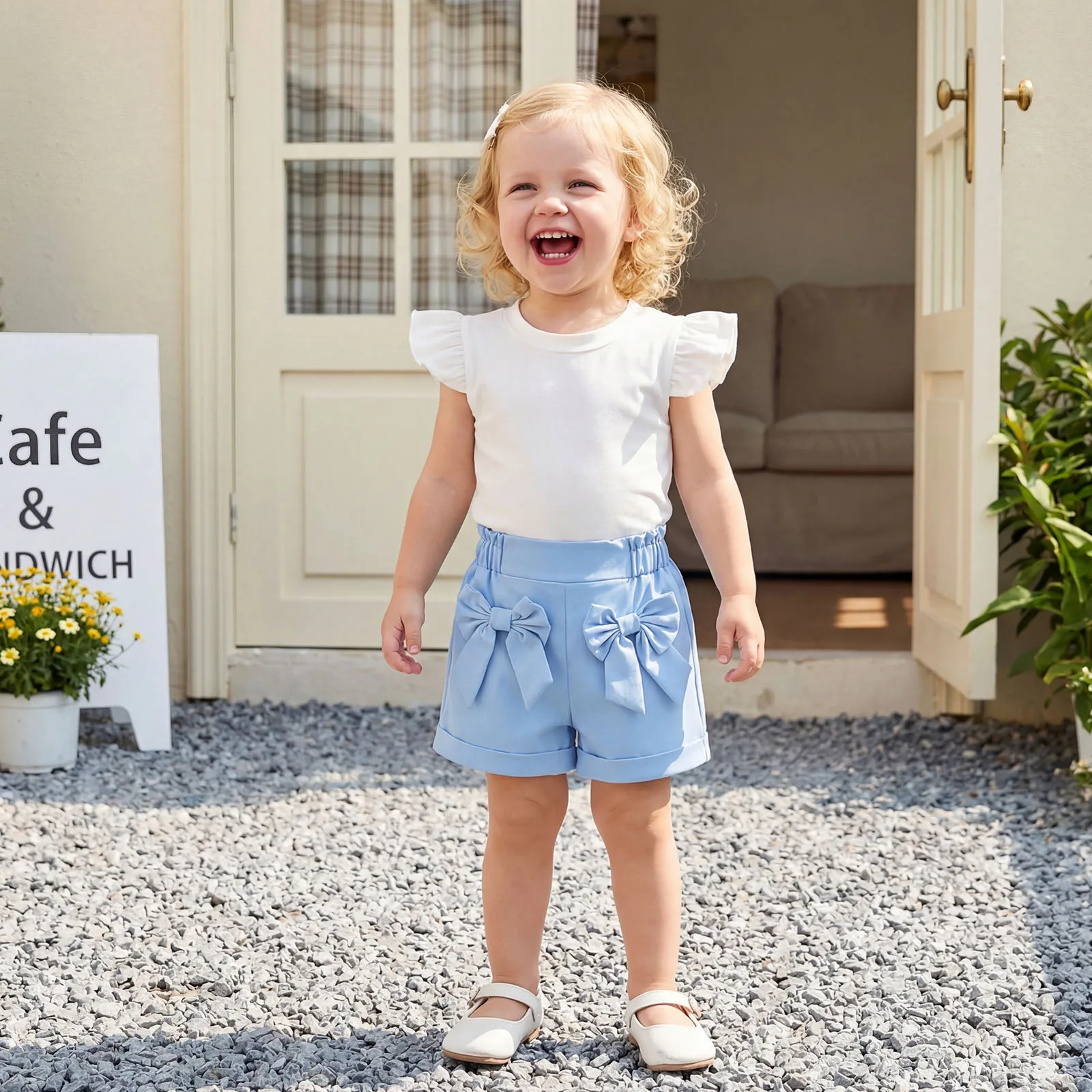 1-4Y Girls 2 Piece Summer Outfit Solid Color Flying Sleeve Shirt Bow Decor Shorts Set Fashion Children's Clothing Sets