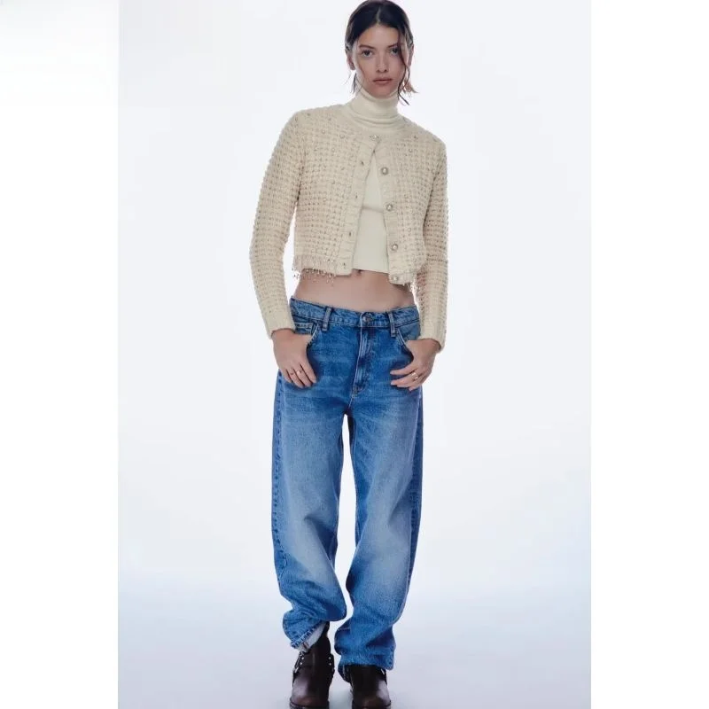

Fall 2024 Women's Knitted Beaded Embellied Open Cardigan Sweater Small Fraance Sle ort Outerwear V-ne Long Sve