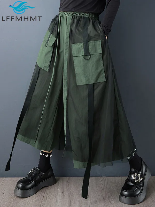 Women's Gothic Cargo Pants Wide Leg Fall 2026 New Streetwear Elastic Waist Casual Trousers with Multi-Pockets
