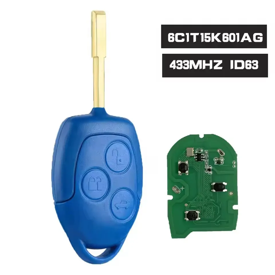 KEYDIY P/N: 6C1T15K601AG 3 Button 433Mhz 4D63 Chip Remote Car Key For Ford Transit WM VM 2006-2014 Blue/Black FO21 Blade