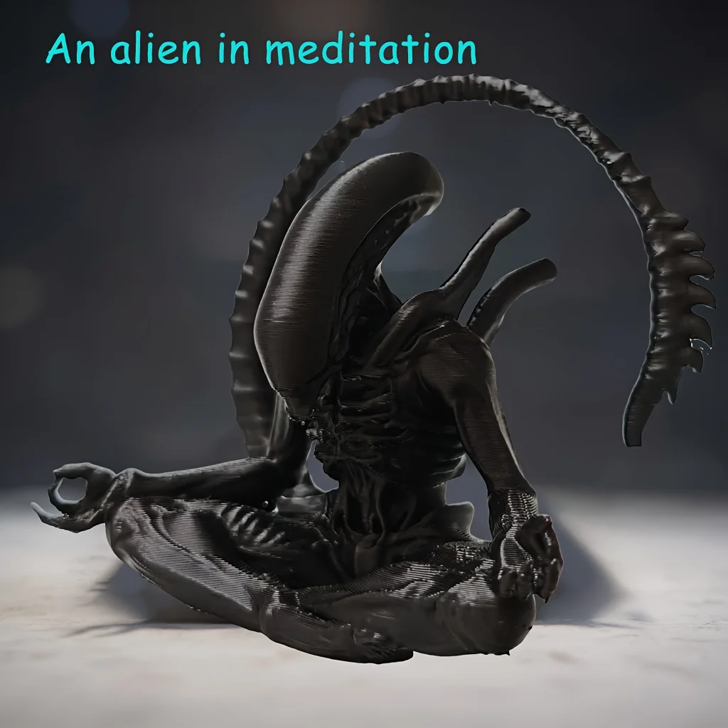 Meditating Alien Figurine - Contemporary Fantasy Decor with Expressive Eyes & Outstretched Arms, for Living Room, Bedroom, Gift