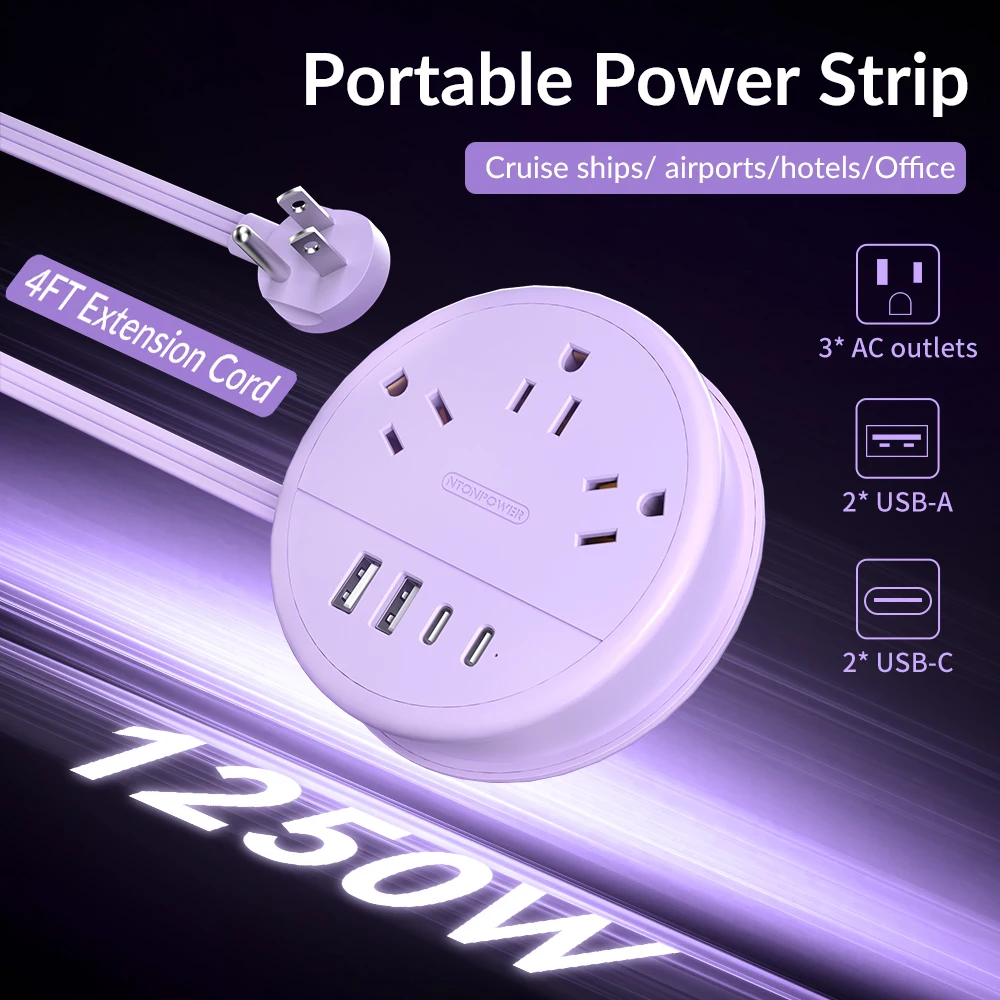 

US Plug Portable Power Strip with USB-C Fast Charging 3AC Outlets 4USB Ports 4FT Extension Cord for Cruise Ships Airports Hotels