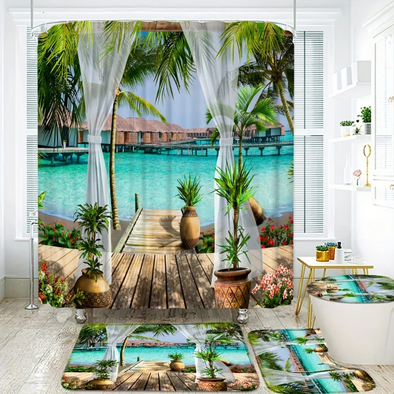 1/4pcs Tropical Beach Pattern Shower Curtain Set, Shower Curtain With 12 Hooks, Non-Slip Bath Mat, U-Shaped Toilet Mat, Toilet M