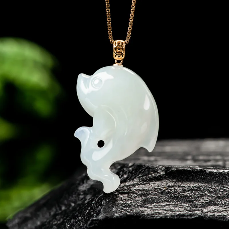 

Genuine Hetian White Jade Dolphin Pendant - 18K Gold Plated Unisex Necklace, Natural Gemstone Jewelry for Men & Women
