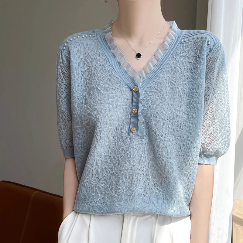 YSC New Fashion Women\'s V-neck Pullover Wool Knitted Sweater Lace short sleeved High quality Casual clothing Korean Fashion