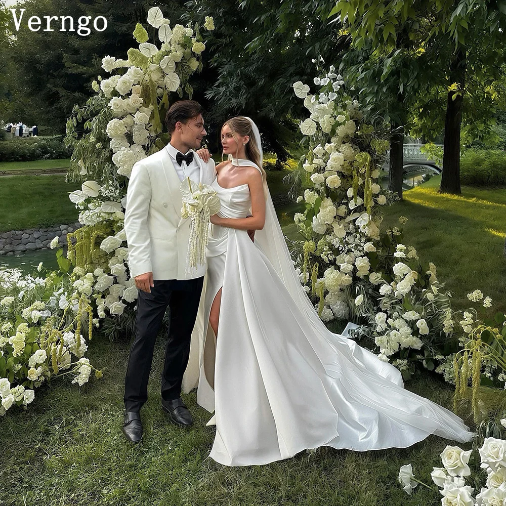 

Verngo Elegant Satin Wedding Dress Strapless A Line Front Split Bridal Gowns Sweap Train Cape Bride Dresses Customized
