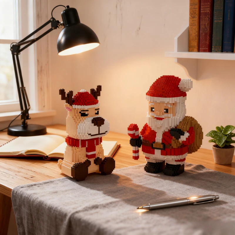 سانتا كلوز شجرة عيد الميلاد ثلج اللبنات الكرتون الأيائل لعب الجسيمات الصغيرة الطوب الاطفال هدايا عيد الميلاد سطح المكتب الحلي