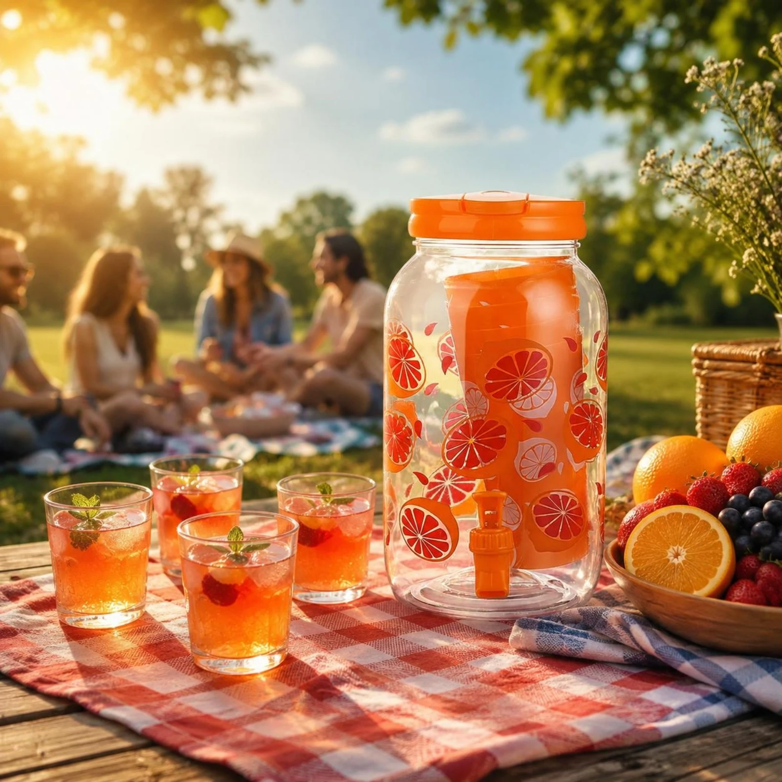 Clear Beverage Dispenser Jar Coral Orange Plastic Drink Dispenser Drinkware Cylindrical Leak-Proof