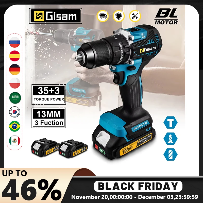 Gismo 65N.m 13MM 35 + 3 Torque Brushless Furadeira de impacto elétrica Chave de fenda elétrica sem fio Ferramenta elétrica para Makita 18V Bateria Pin