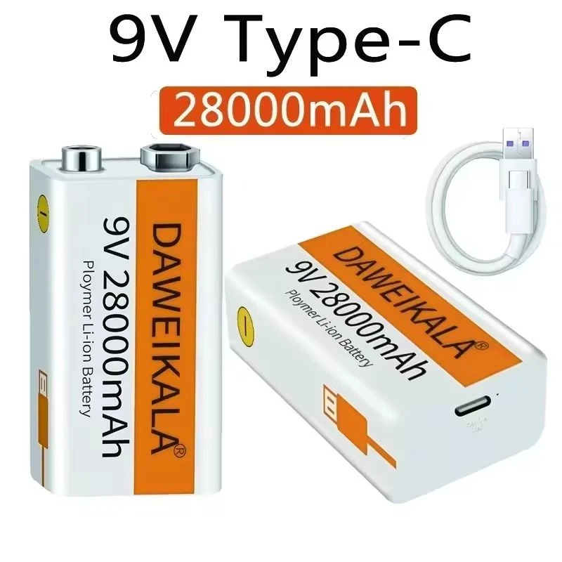 

Professional 9V Lithium Battery 28000mAh with USB Charging Cable, Overcharge Protection for Guitar Pedals,Alarms,Toys and More