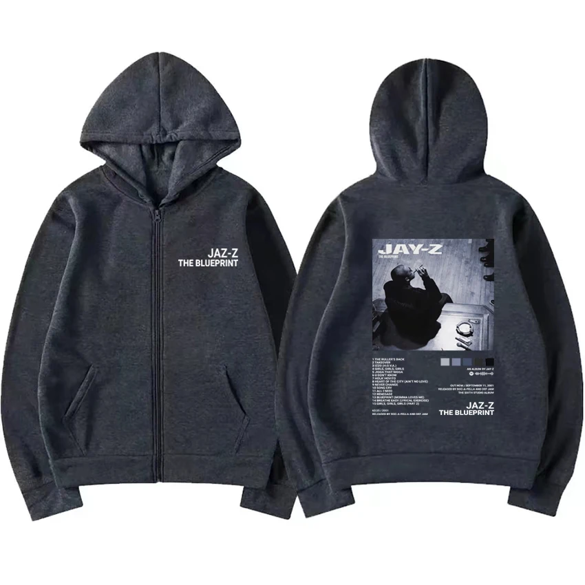 Diskon besar Jay-z Hip Hop Album grafis Zip-up Hoodie mantel Unisex vintage kasual streetwear Pria Wanita bulu hitam jaket ritsleting