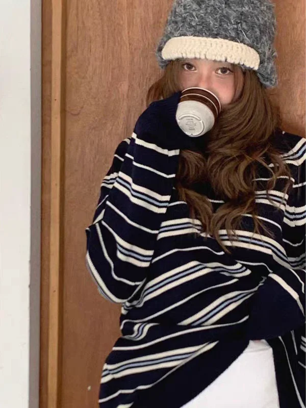 

Chic Vintage Off-oulder Striped Color Blo Loose Women's Knitted Sweater Design Sensation Casual Sle Winter Faion