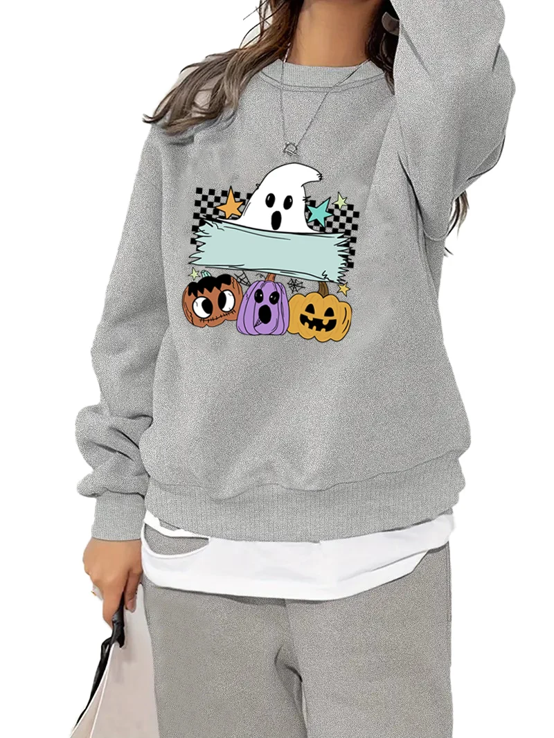 

Halloween horror pumpkin print casual 2 pieces, women's crew neck sweatshirt and pants 2 sets, comfortable women's clothing