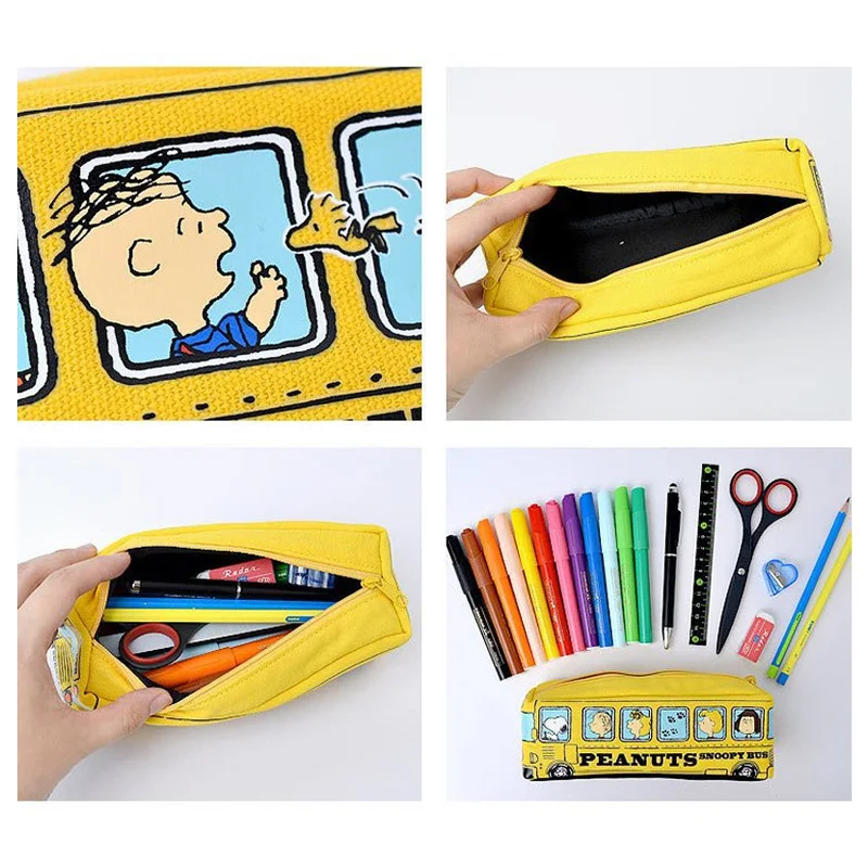 Cartoon Snoopy Bus Pencil Bag Canvas Large Capacity Car Zipper Pen Pencilcase for Student Stationery School Supplies kids gift